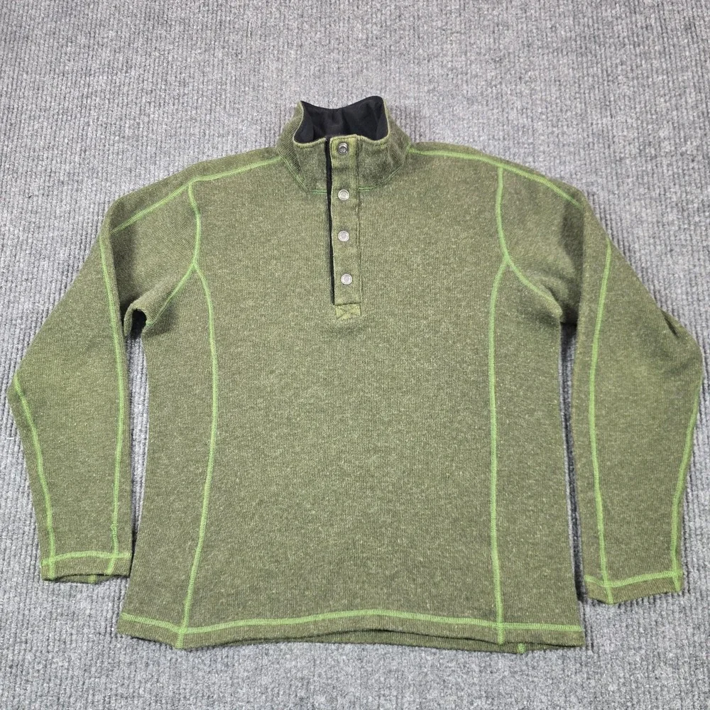ExOfficio Sweater Mens Medium Green Wool Blend Thermal Mock Neck Henley Pullover
